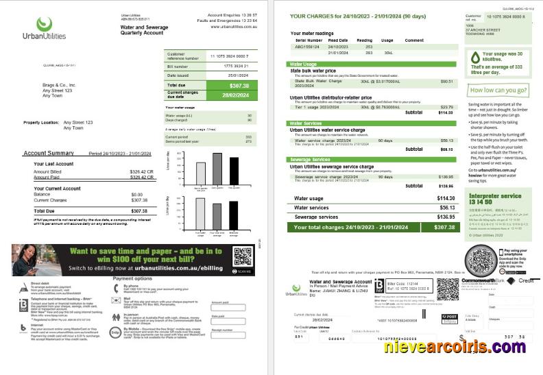 Australia Urban Utilities business utility bill 2 pages